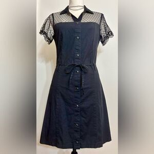 Vintage Y2K Serious LA Black Mesh Button Up Dress with Ribbon SZ L